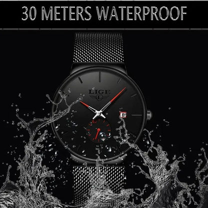 LIGE 2024 Fashion Mens Watches Top Brand Luxury Quartz Watch Men Casual Slim Mesh Steel Waterproof Sport Watch Relogio Masculino