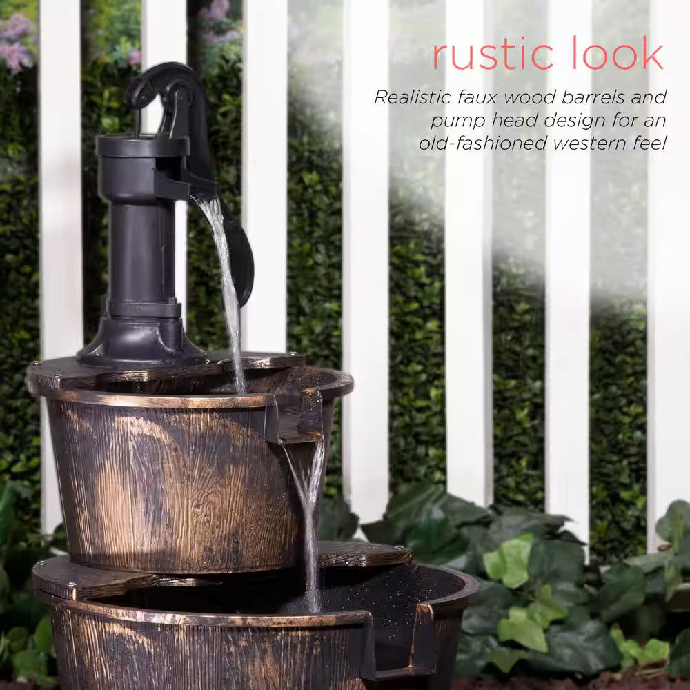 27 In. Tall 2-Tier Barrel and Pump Waterfall Fountain, Bronze Finish