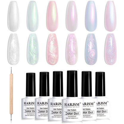 Pearl Gel Nail Polish Set Clear Shell Glitter Gel Polish 6 Colors Pearlescent Pink White Blue Purple Silver Gold Shimmer Mermaid Swirl Thread Effect LED UV Soak Off Curing Requires Home Salon