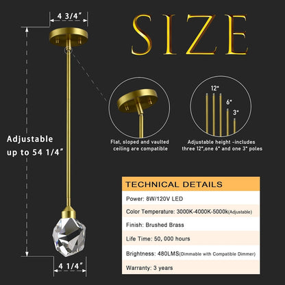 Gold Crystal Pendant Light Small Hanging Pendant Light Fixtures 8W LED Light 3 Color Temperature Adjustable 3000K-5000K-4000K Mini Single Modern Chandelier for Kitchen Island Bathroom