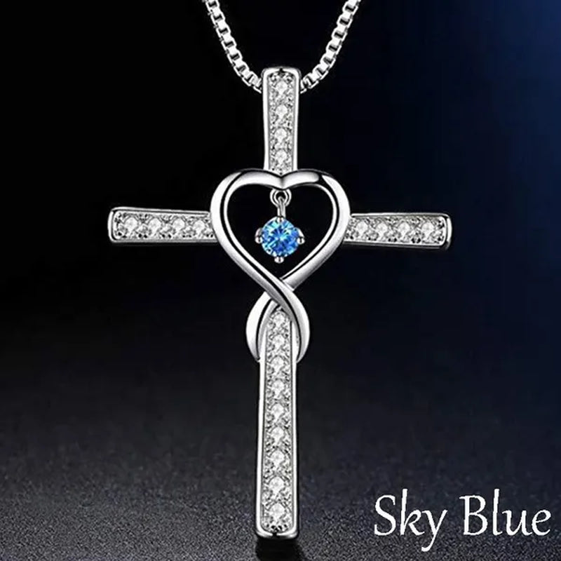 Infinity Love God We Trust Christian Cross Birthstone Diamond Rhinestone Pendant Necklace Birthday Gifts Jewelry For Women Christmas Girls