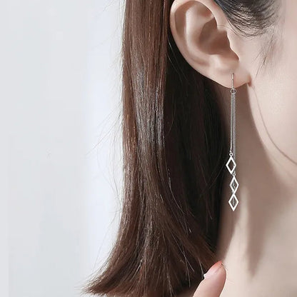 Geometric Rhombus Earrings for Women Temperament Tassel Long Ear Line Earring 925 Sterling Silver Jewelry
