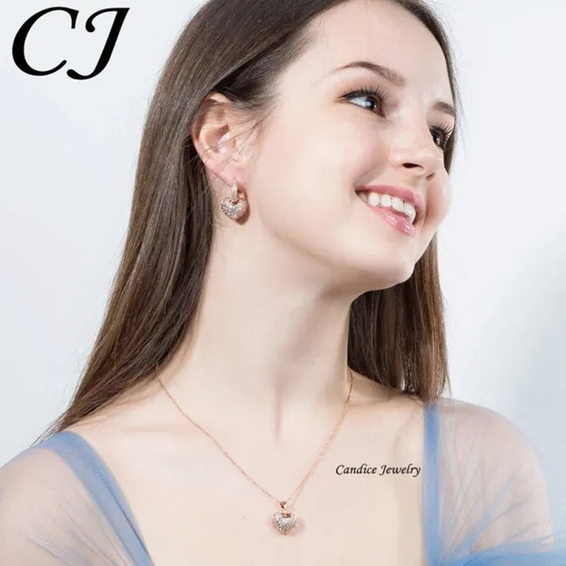 CANDICE Gorgeous Party Jewelry Set Full Micro Pave Tiny Cubic Zirconia Rose Gold Plated Love Heart Pendant Necklace Earrings For Women Gift