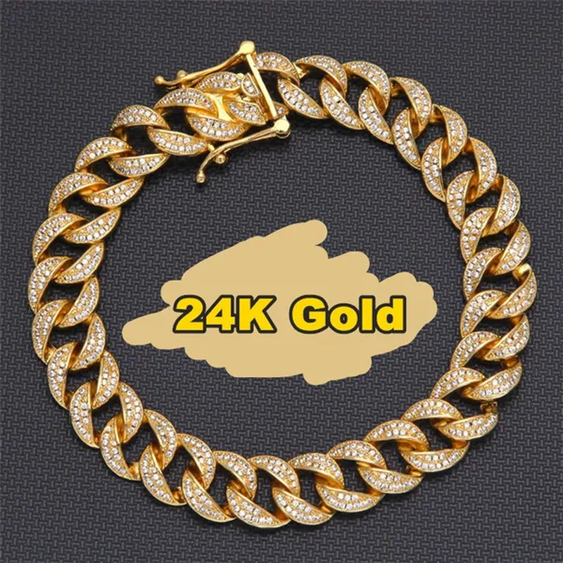 24K Gold / 18K Gold / 925 Silver Mens Womens Fashion Gifts Chain Hiphop Iced Out Curb Cuban Diamond Plated Bracelet Paved Clear Rhinestones