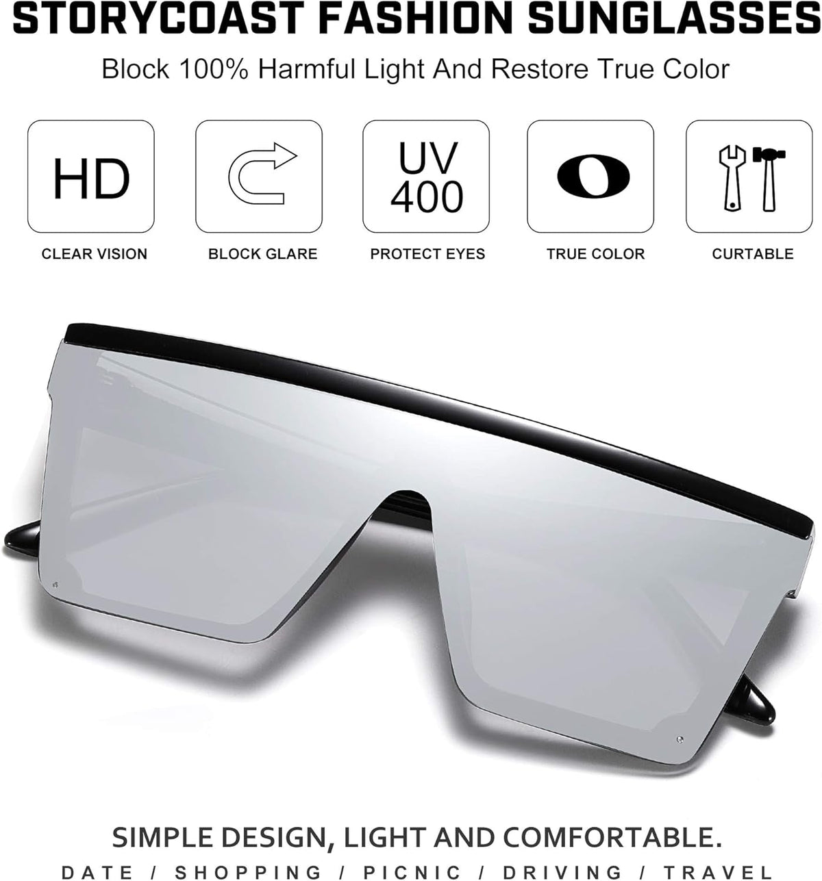 Square Sunglasses for Women Men Fashion Big Frame Flat Top Sun Glasses Mirror Lens