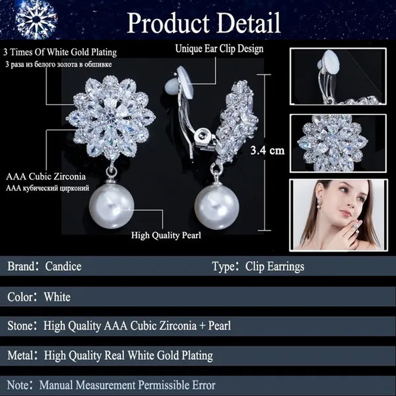 CANDICE White Gold Plated Beautiful CZ Zirconia Stones Snowflake Drop Women Party Clip On Pearl Earrings Without Piercing Jewelry for Non Hole Ears