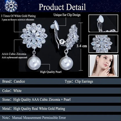 CANDICE White Gold Plated Beautiful CZ Zirconia Stones Snowflake Drop Women Party Clip On Pearl Earrings Without Piercing Jewelry for Non Hole Ears
