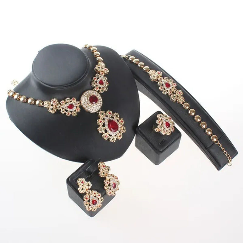 Fine Wedding Accessories African Beads Jewelry Sets Ruby Colorful Crystal Gold Plated Bridal Necklace Set