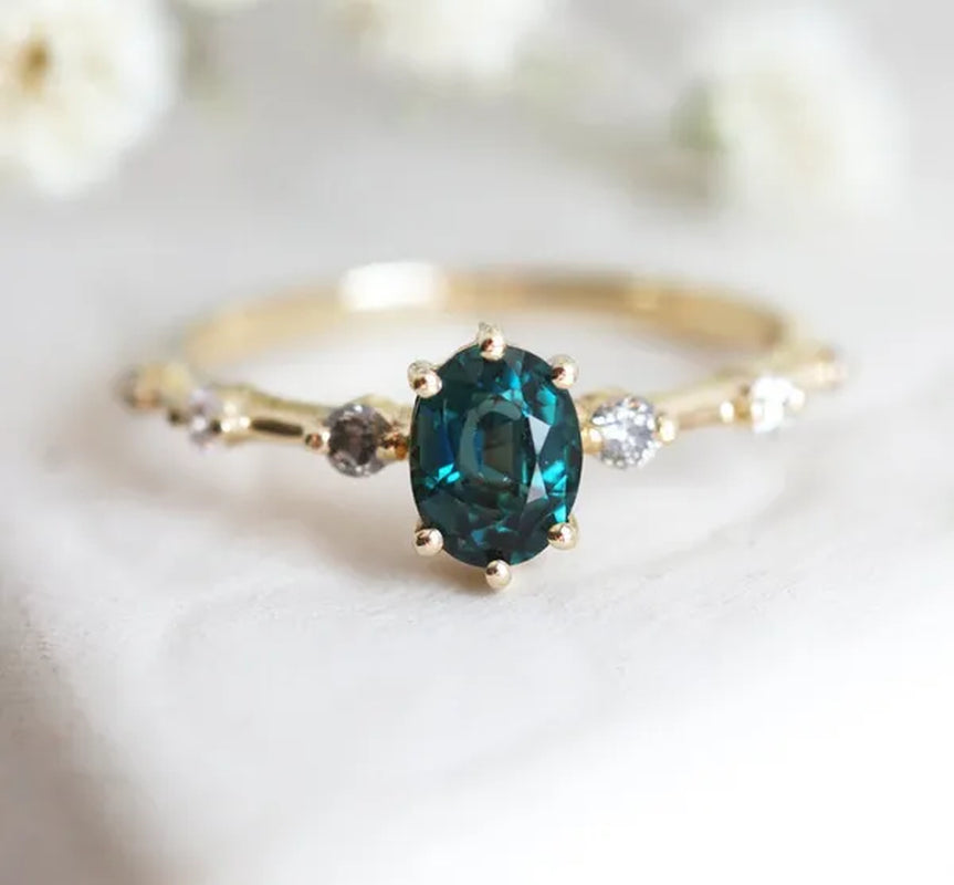 Teal Sapphire Ring, Peacock Engagement Ring, Ceylon Sapphire Diamond Ring, Oval Blue Ring