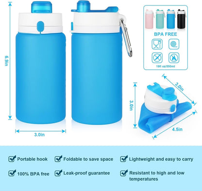 Collapsible Water Bottle, 19Oz Foldable Water Bottle BPA Free Reusable Lightweight Leak-Proof Travel Silicone Water Bottle for Travel, Gym, Hiking, Office, Camping(Blue)