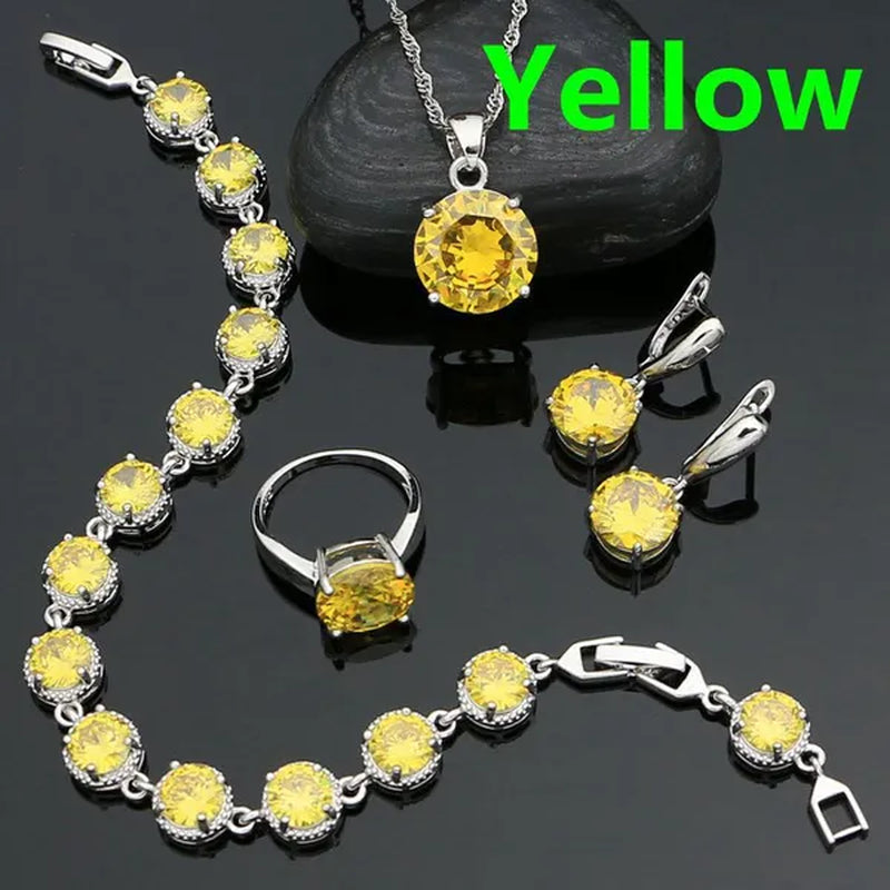 925 Sterling Silver Bridal Jewelry Sets Green Emerald Drop Earrings Ring Pendant Necklace Bracelet 4Pcs Birthday Gift for Women