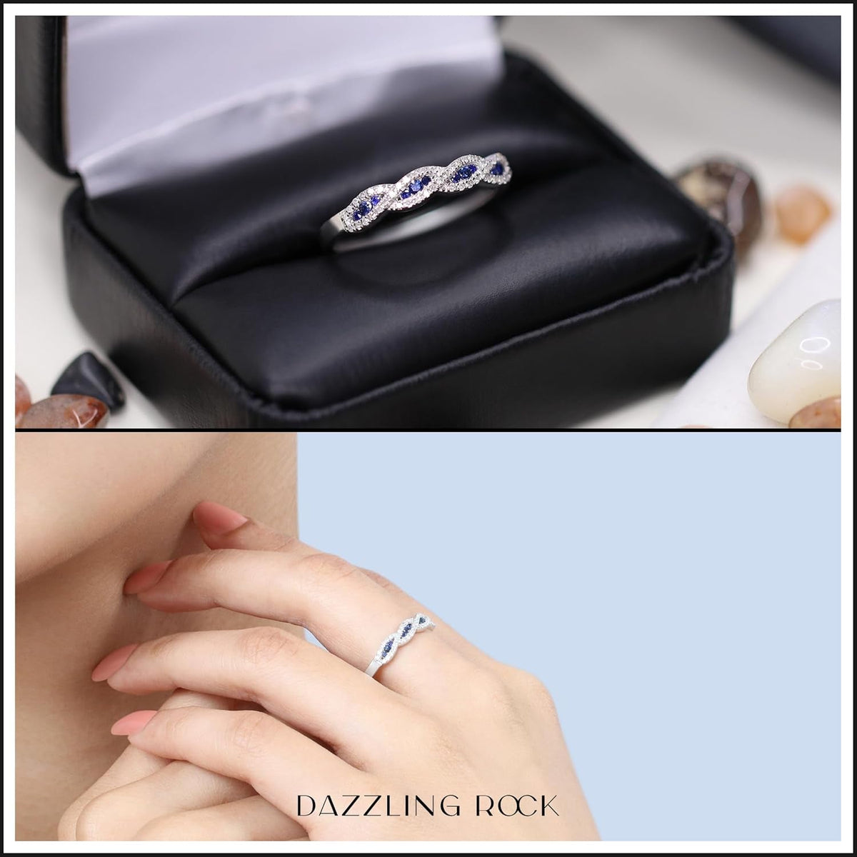 round Blue Sapphire & White Diamond Crisscross Stackable Wedding Band for Women in 925 Sterling Silver