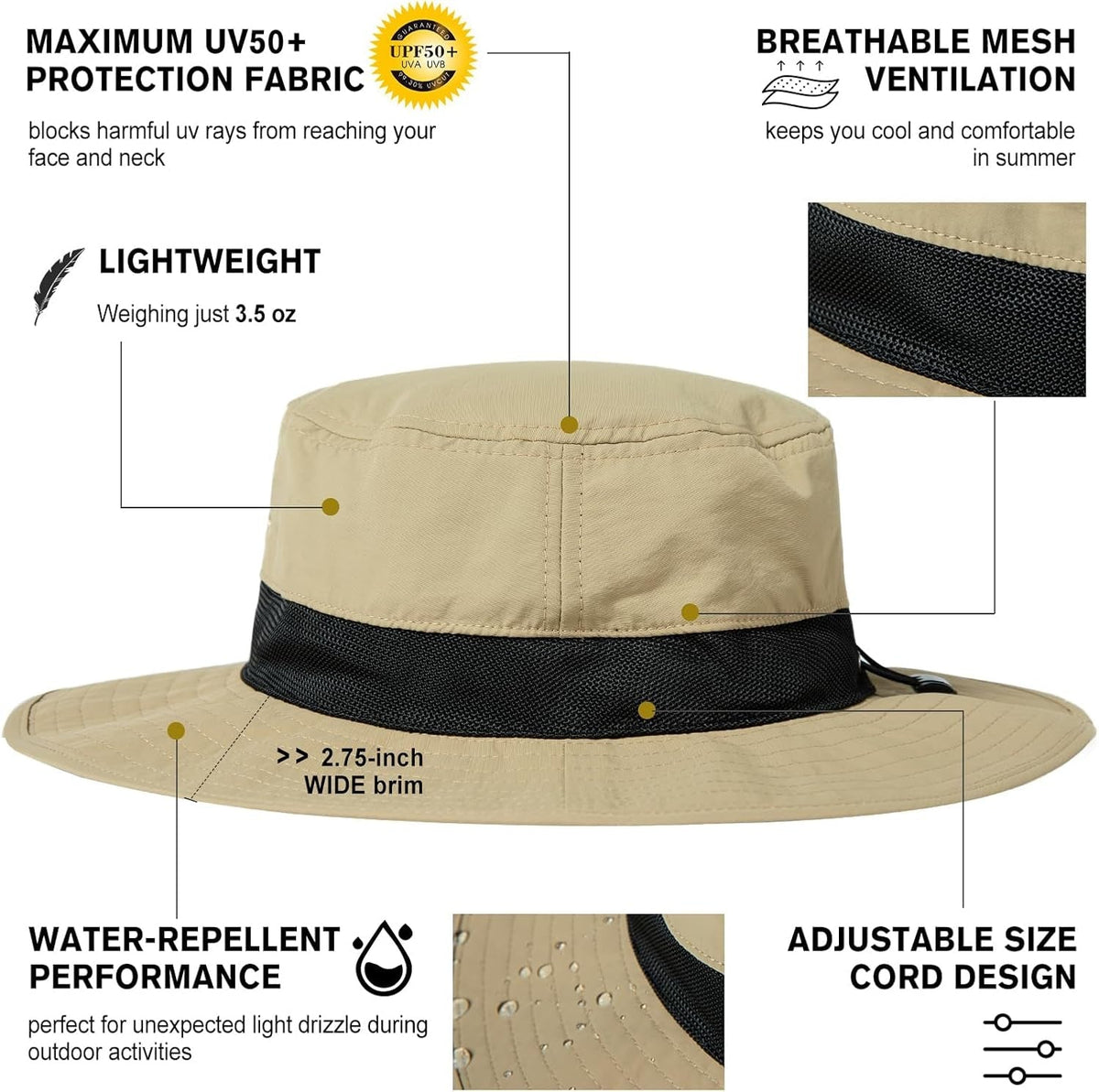 Oversized XL XXL Men'S UV 50 Waterproof Packable Mesh Sun Hat Bucket Bonnie Beach Hiking Fishing