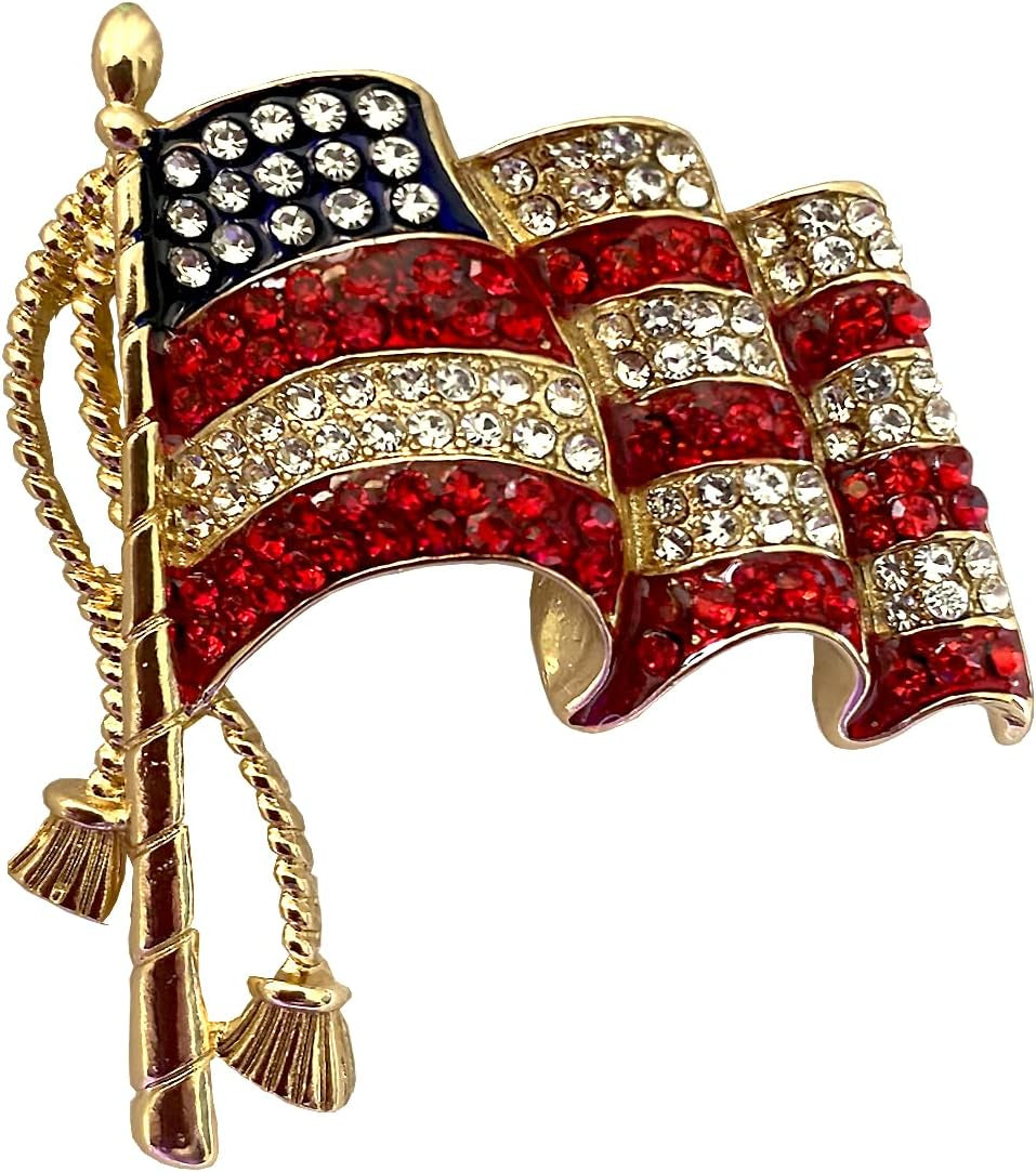 Crystal Encrusted American Flag Pin/Brooch, Approx. 2Inch,Pin Back with Safety Lock. Gold-Plate and Diamond-Like Crystals. Red, White and Blue 2.5H*1.25W Inch
