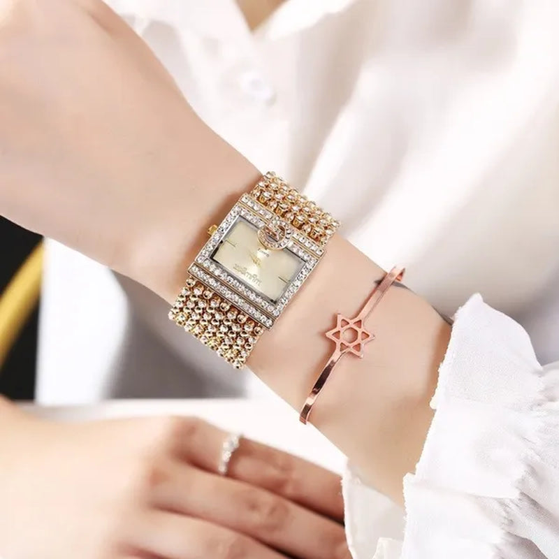 Lucky Bracelets Luxury Ladies Wrist Watch Fashion Full Diamond Gold Stainless Steel Rectangular Female Quartz Watch