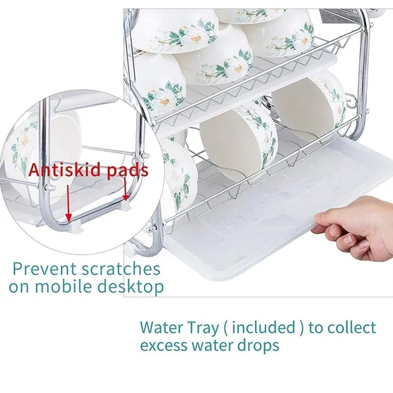 Dish Drying Rack 3-Tier Dish Drainer Rack Kitchen Storage with Drainboard and Cutlery Cup Dish Shelf Tableware Holder