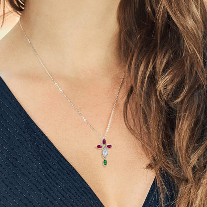 Cross Necklace for Women in 925 Silver and 10K Yellow Gold with Moissanite and Created Ruby and Nano Emerald | 1.62 Cttw | Jesus Christian Religious Crucifix | Marquise 8X4MM | with 18 Inch Chain