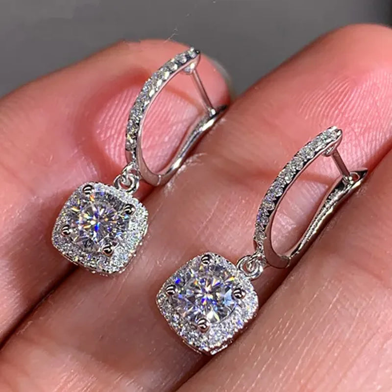 Luxury Elegant Lady Exquisite 925 Sterling Silver Diamond Crystal Dangle Drop Earrings for Women Engagement Bridal Wedding Earrings Party Jewelry