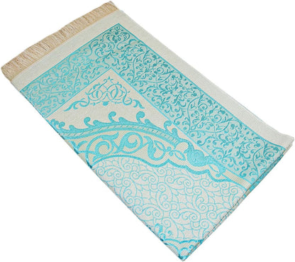 Muslim Prayer Rug and Prayer Beads with Elegant Cylinder Gift Box | Janamaz | Sajadah | Soft Islamic Prayer Rug | Islamic Gifts Set | Prayer Carpet Mat, Taffeta Fabric, Blue