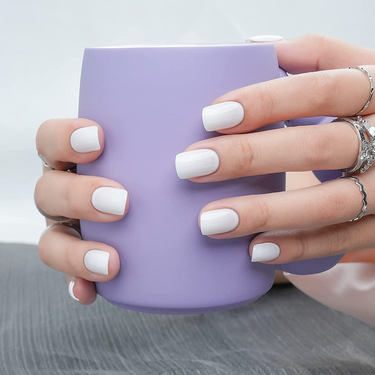 White Press on Nails Short,  Square Solid Color Fake Nails with Glue, Reusable & Natural Acrylic False Nails Stick on Nails for Women Girls Gift, Gel Nail Kit, 24pcs