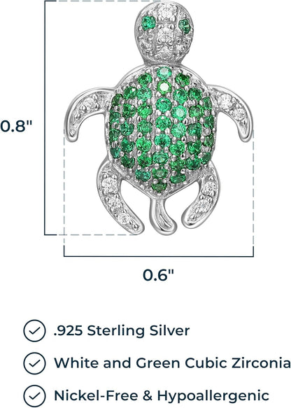 Rhodium Plated 925 Sterling Silver White and Green Cubic Zirconia Turtle Pendant Necklace, 18 Inches Cable Chain