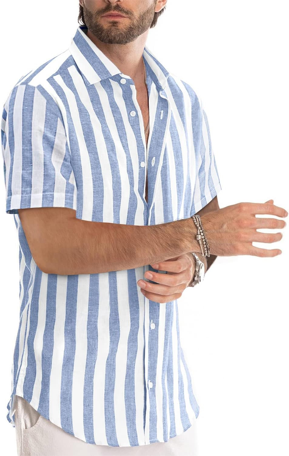 Men'S Casual Stylish Short Sleeve Button-Up Striped Dress Shirts Cotton Beach Shirt
