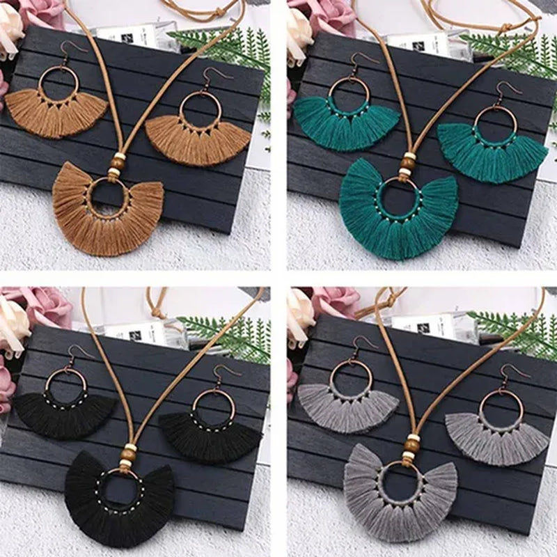 Retro Bohemia Tassel Fan-Shaped Necklace Earrings Set Tassel Jewelry Set Ethnic Big Necklace Beach Wear