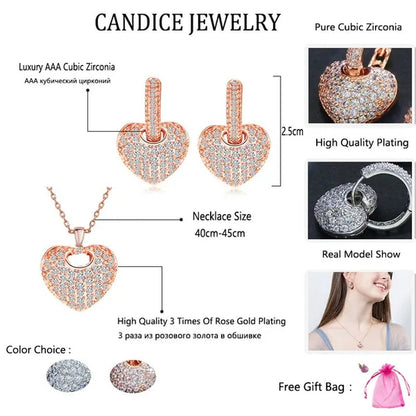 CANDICE Gorgeous Party Jewelry Set Full Micro Pave Tiny Cubic Zirconia Rose Gold Plated Love Heart Pendant Necklace Earrings For Women Gift