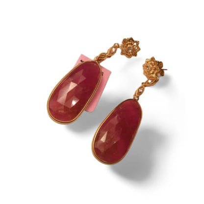 Gorgeous Estate 14K Yellow Gold Diamond Ruby Cabochon Tear Drop Dangle Earrings