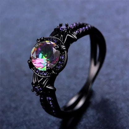 Bamas Mystic Rainbow Fire Topaz Flower Ring Purple Amethyst Black Gold color Jewelry Size 5-12 Bague Femme