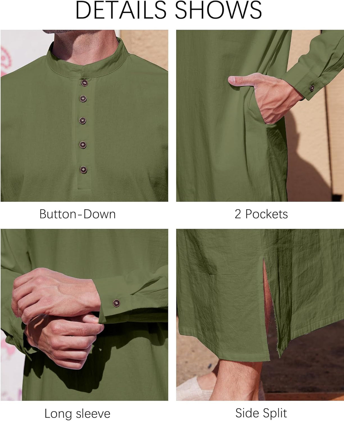 Muslim Thobe for Men Button down Mens Caftans Big and Tall Mens Arab Thobe with Pocket