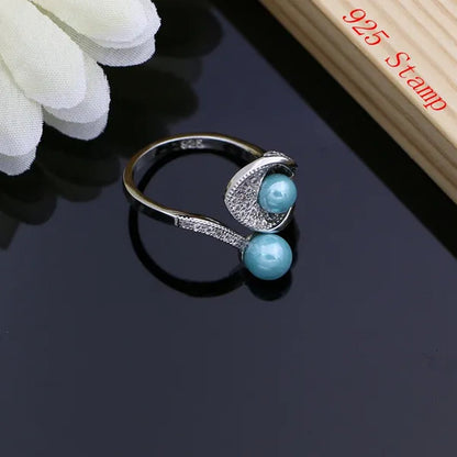Luxury 925 Silver Bridal Jewelry Sets White Topaz Pearls Bead Charm for Women Party Horn Design Ring Bracelet Set