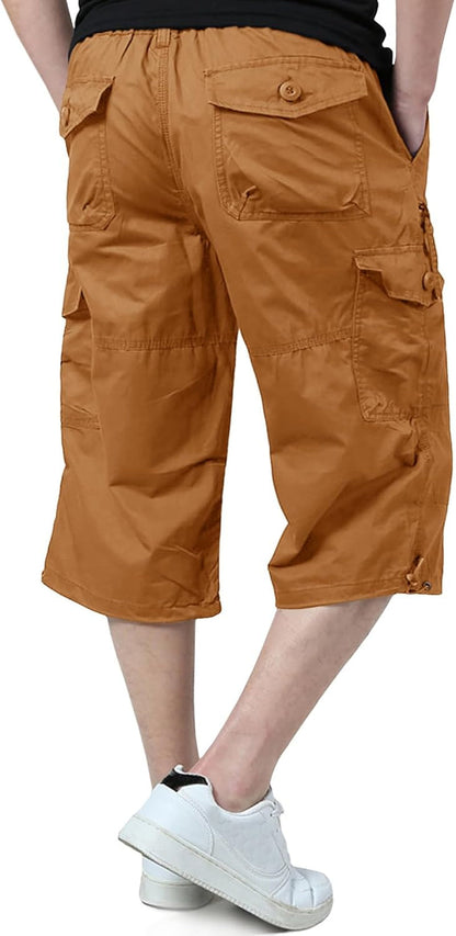 Men'S Cargo Shorts Casual Twill Elastic 3/4 Capri Pants below Knee Long Shorts with 7 Pockets