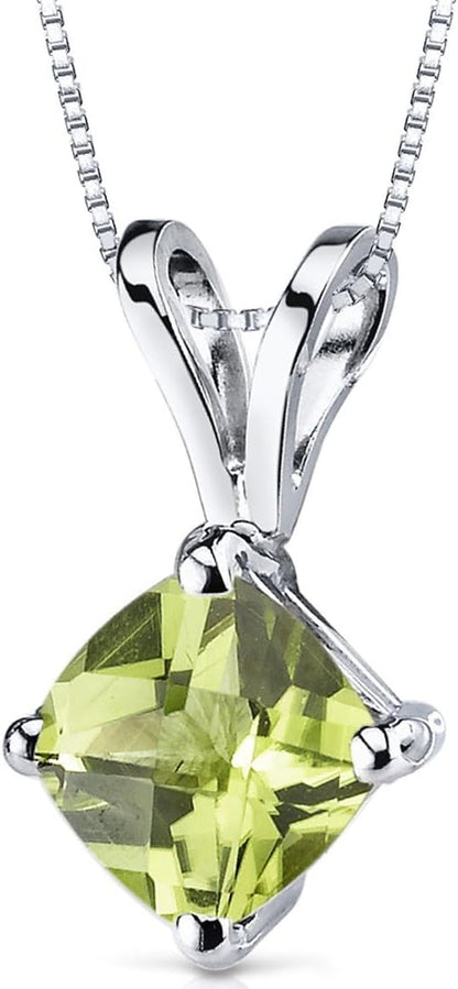 Solid 14K White Gold Peridot Pendant for Women, Genuine Gemstone Classic Solitaire, Cushion Cut, 6Mm, 1 Carat Total, Real Gold Peridot Jewelry, August Birthstone Necklace, W/Jewelry Box
