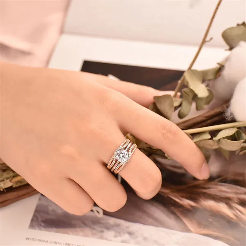 Newshe Two-tone Rose Gold 925 Silver Solitaire Brilliant Round Engagement Rings Set CZ Wedding Band For Women Jewelry Sz 4-13