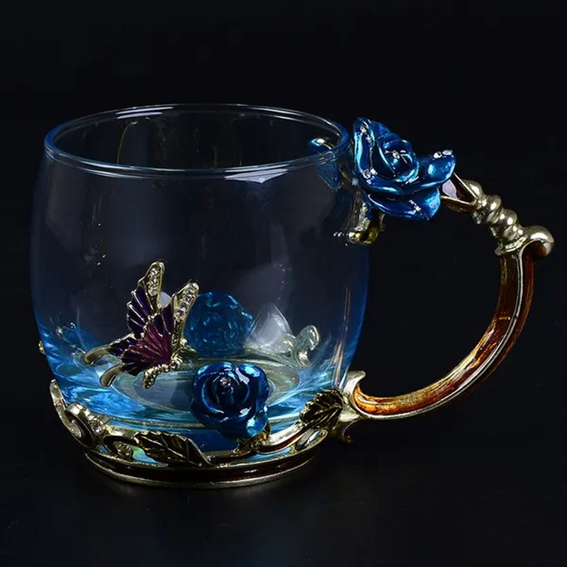 Red Blue Rose Enamel Crystal Cup Flower Tea Cup Butterfly Glass Water Cups Flower Mug with Spoon Set Perfect Gift for Lover Wedding
