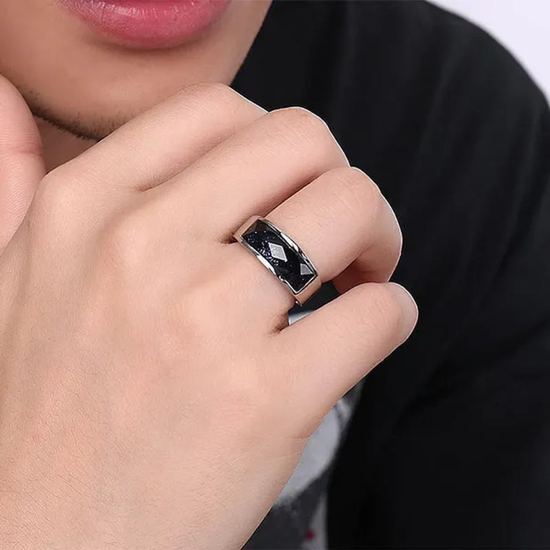 Vintage Men's Agate Ring Stainless Steel Sky Blue Black White Gemstone Irregular Ring Jewelry Gift for Men Women Boyfriend Girlfriend