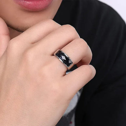 Vintage Men's Agate Ring Stainless Steel Sky Blue Black White Gemstone Irregular Ring Jewelry Gift for Men Women Boyfriend Girlfriend