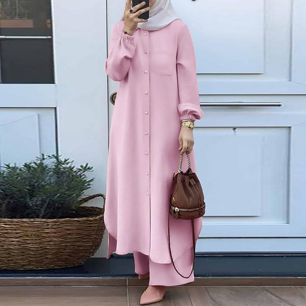 Women'S Muslim 2 Pieces Sets Long Sleeve Button down Shirt and Pants Abaya Casual Dress Dubai Outfits