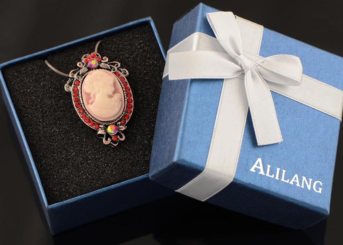 Vintage Inspired Rhinestones Cameo Lady Victorian Maiden Pendant Necklace