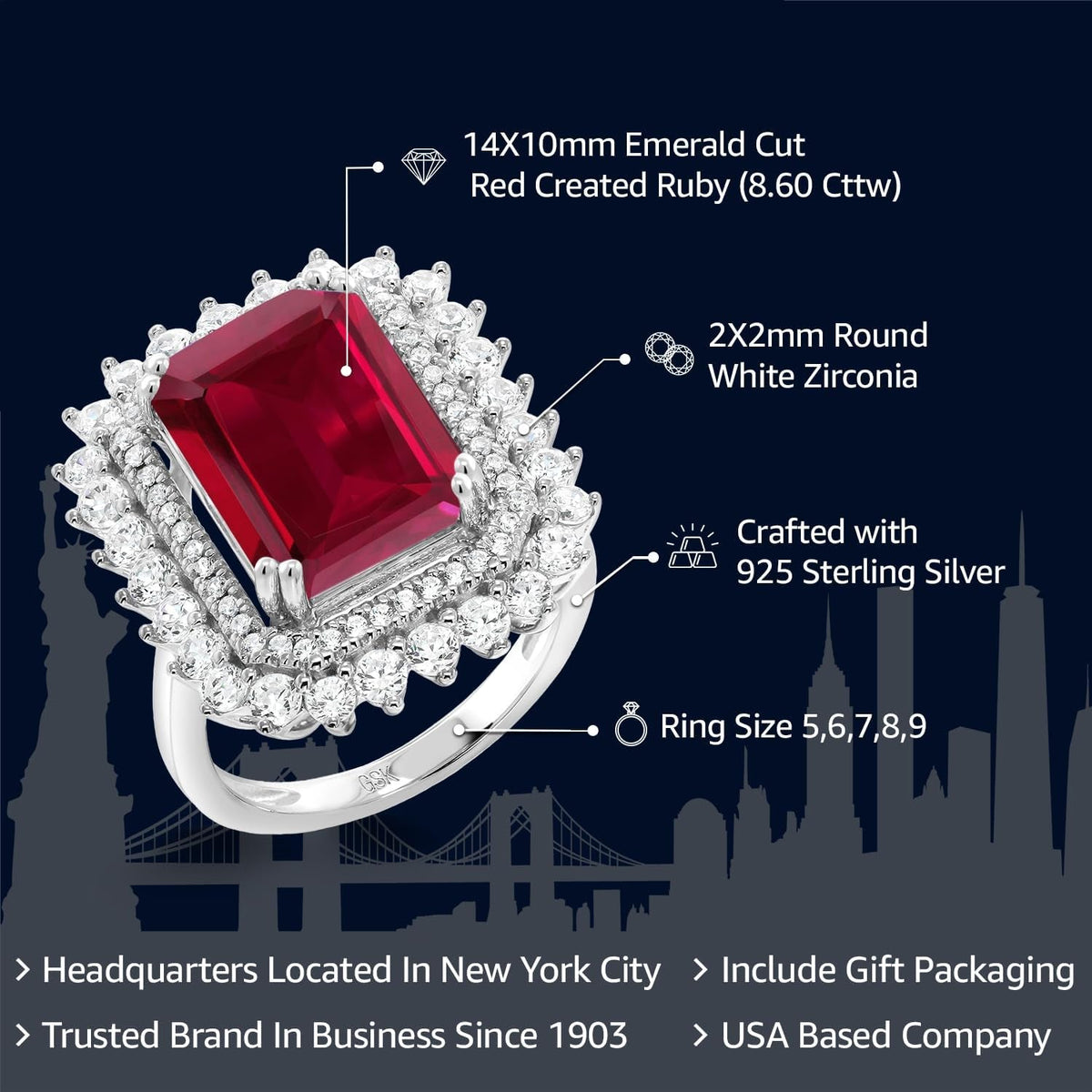 8.60 Cttw Red Created Ruby Ring for Women in 925 Sterling Silver | Emerald Cut 14X10MM | Available in Size 5,6,7,8,9