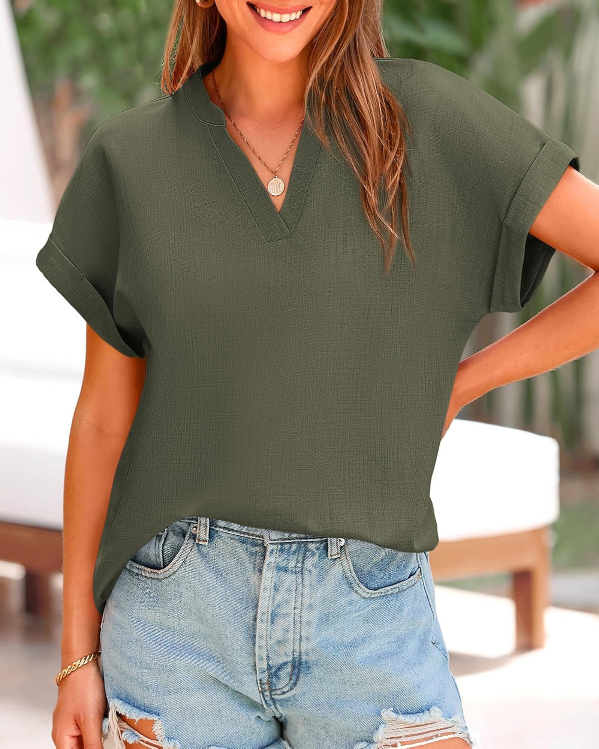 Womens Summer Tops 2025 V Neck Short Sleeve Tshirt Loose Flowy Tunics Solid Color Dressy Casual Blouse Shirts