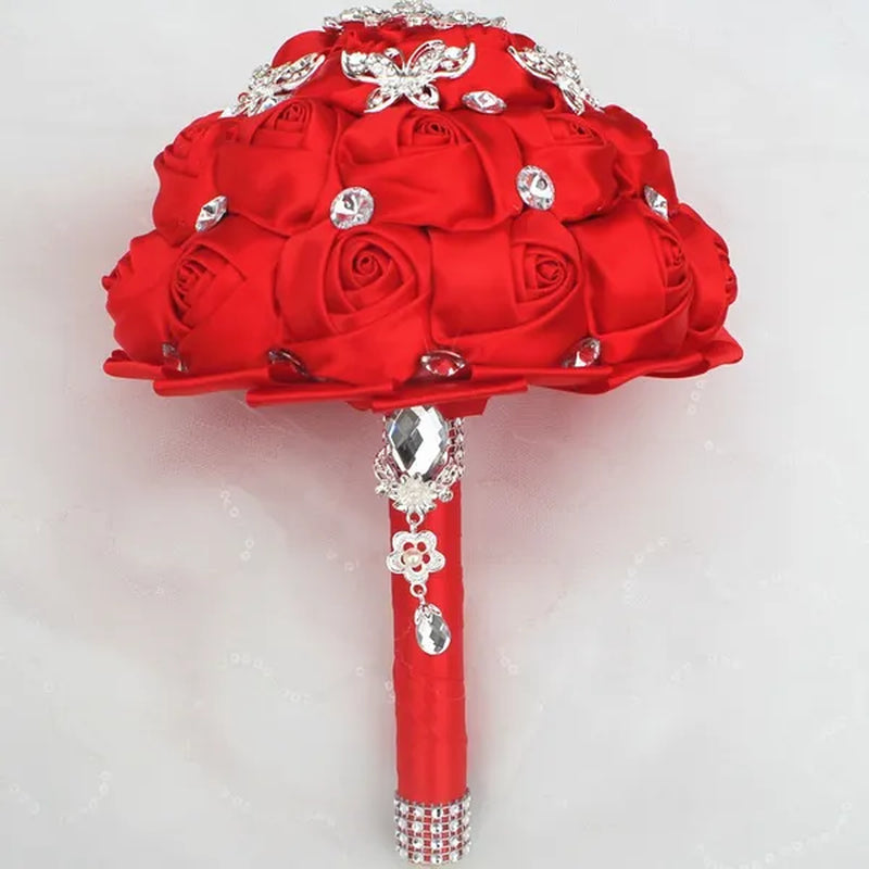 18CM Stunning Red Butterfly Diamond Flowers Brooch Stitch Wedding Bouquet Mariage Polyester Bride Holding Flowers Ribbon Bridesmaid Bouquet