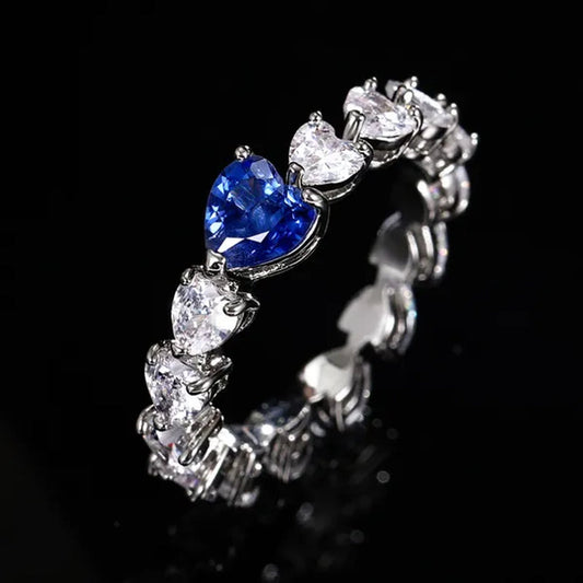 Light Luxury Silver Plated Heart Shaped Natural Blue Sapphire Ring for Women Bridal Wedding Engagement Anniversary Sparkling Lab Diamond Jewelry
