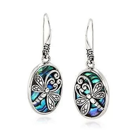 Creative Womens Abalone Shell and Sterling Silver Dragonfly Oval Drop Earrings For Proposal Anniversary Bridal Wedding Jewelry