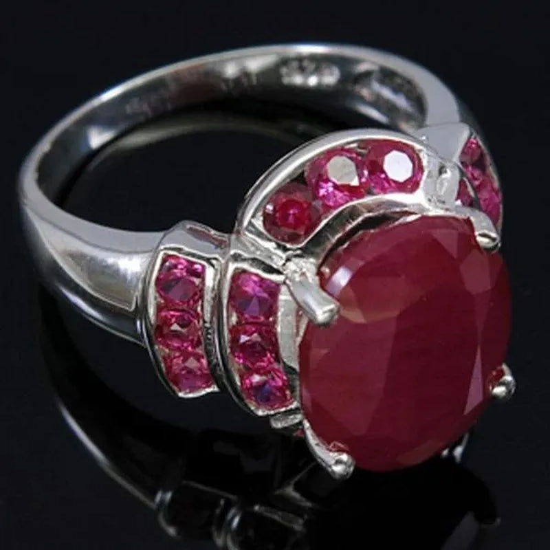 Women Ruby Oval Cut Gemstones 925 Silver Plated Engagement Ring Size 6-10