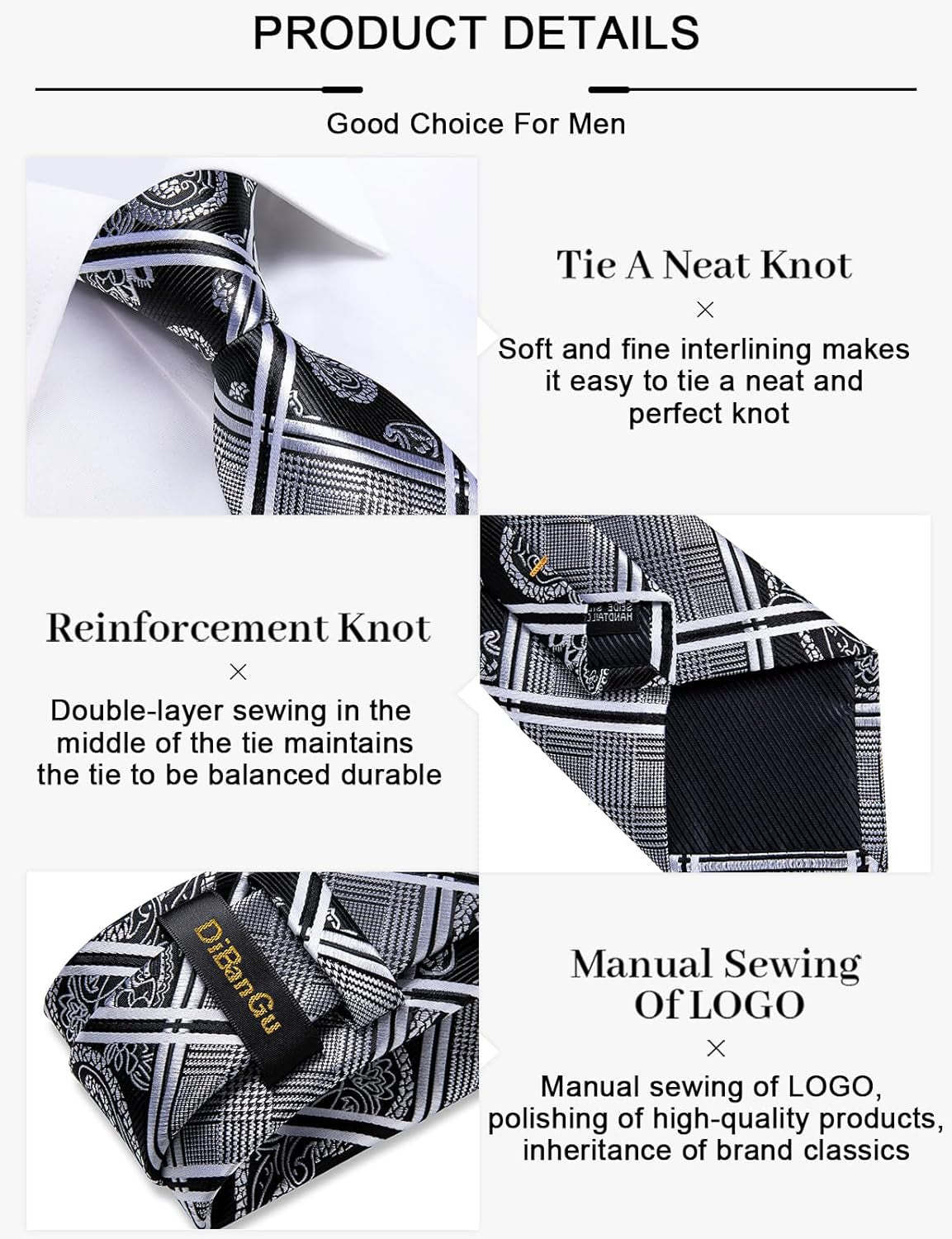 Plaid Ties for Men Silk Checkered Necktie and Pocket Square Cufflinks Tie Clip Set with Gift Box for Wedding Business