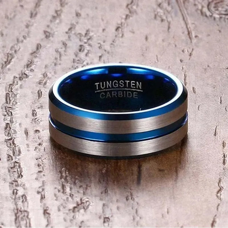 TWO RINGS Sz6-12 Couple Rings His Hers Blue Tungsten Mens Wedding Band White Gold Filled Heart CZ Sapphire Womens Ring Sets