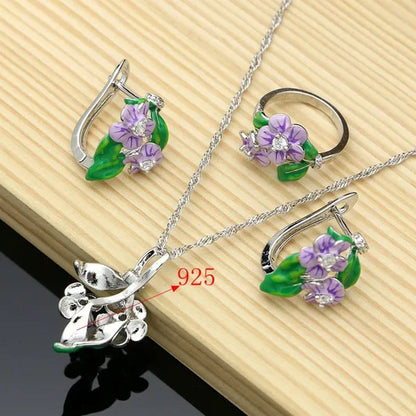 Purple Enamel Jewelry Sets Flower Green Leaves 925 Silver Jewelry Earrings Ppendant Ring for Women