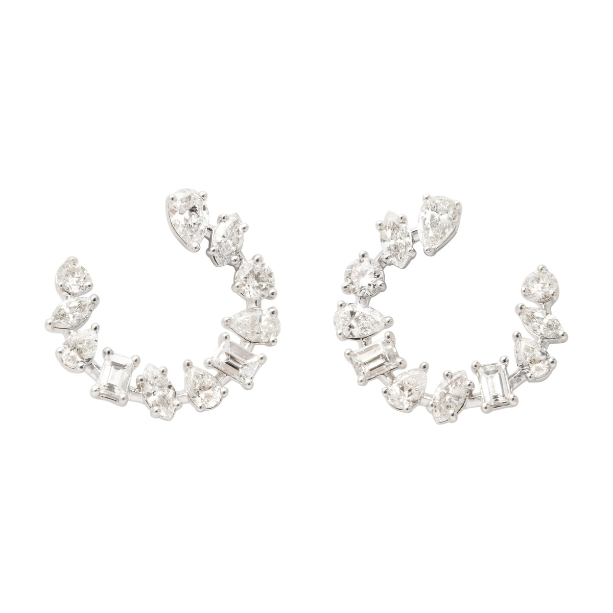 Multi-Shape Diamond Swirl Hoop Earrings 18k White Gold 3.03ctw